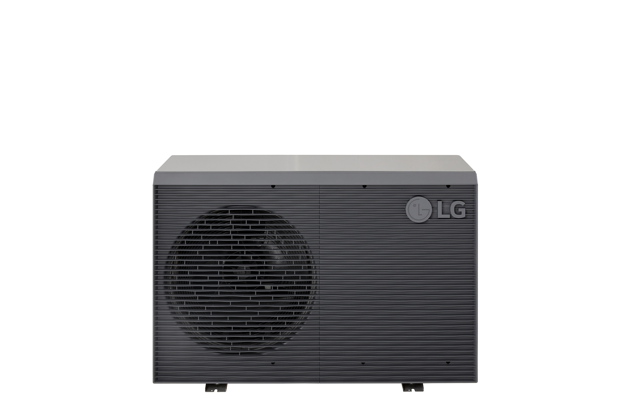 LG Air to Water Heat Pumps HM091MRS UA40, top-front view of a black outdoor unit featuring a grey wavy grille.