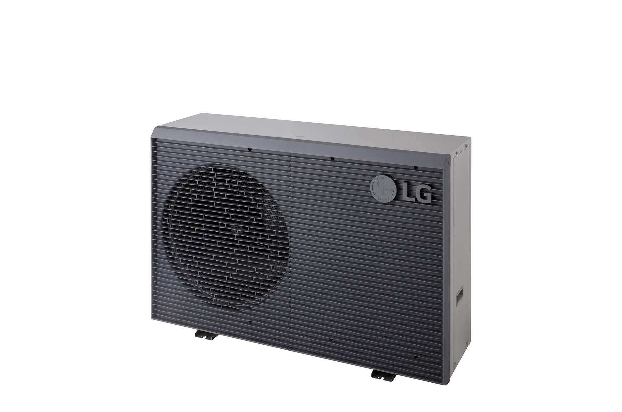 LG Air to Water Heat Pumps  HM091MRS UA40, top-right view of a black outdoor unit featuring a grey wavy grille.