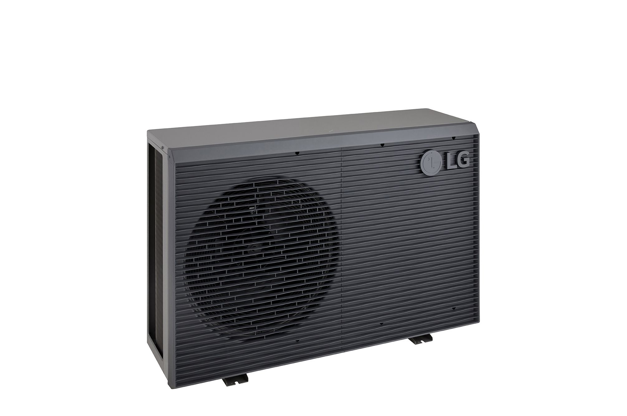 LG Air to Water Heat Pumps  HM091MRS UA40, top-left view of a black outdoor unit featuring a grey wavy grille.