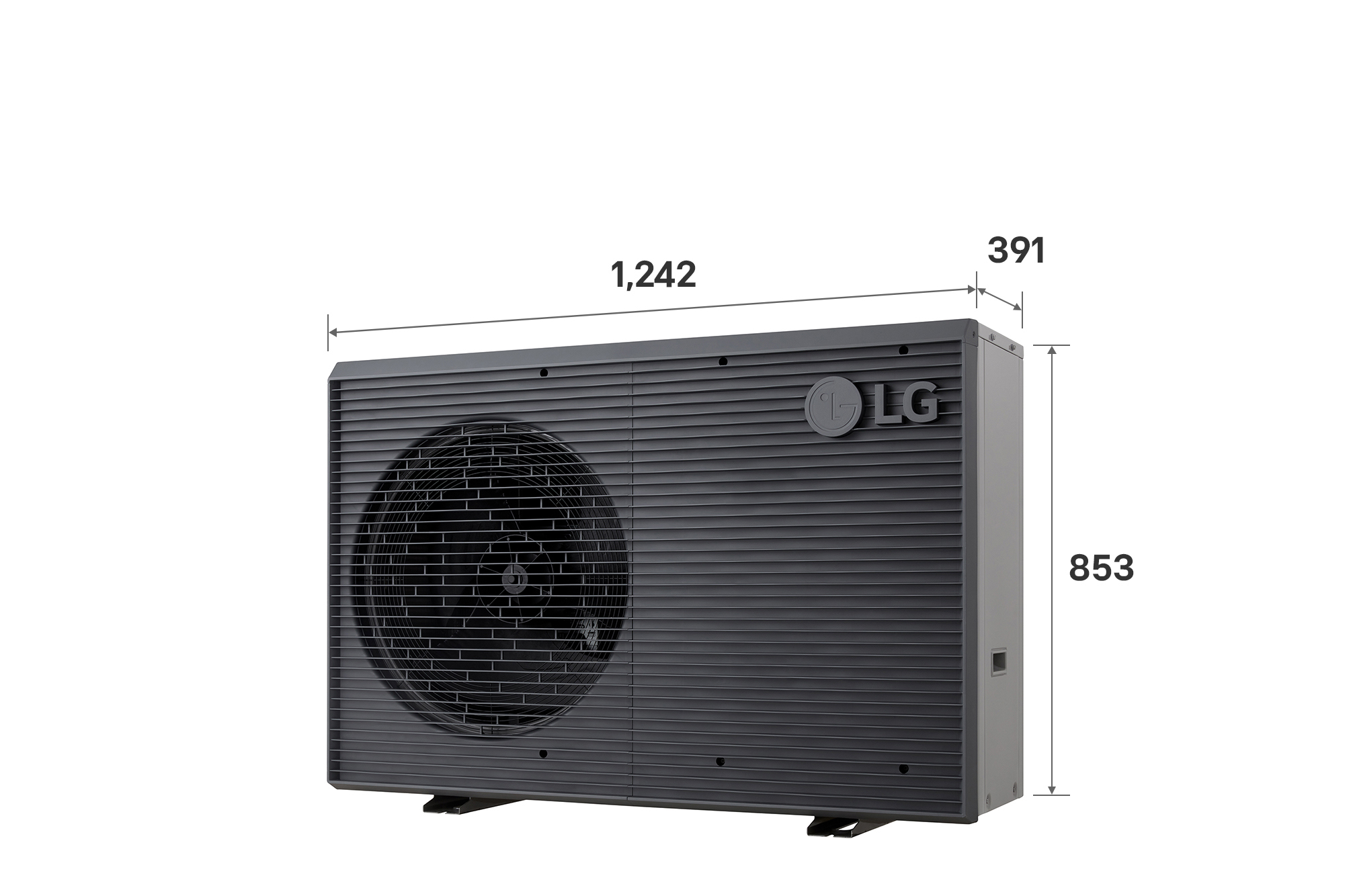 LG Air to Water Heat Pumps HM091MRS UA40, with dimensions labeled, black outdoor unit featuring a grey wavy grille.