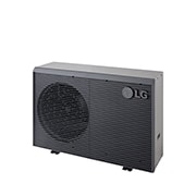 LG Air to Water Heat Pumps  HM091MRS UA40, top-right view of a black outdoor unit featuring a grey wavy grille.