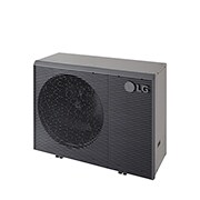 LG Air to Water Heat Pumps  HM121MRS UB40, top-right view of a black outdoor unit featuring a grey wavy grille.