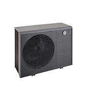 LG Air to Water Heat Pumps  HM121MRS UB40, top-left view of a black outdoor unit featuring a grey wavy grille.