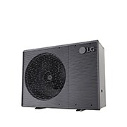 LG Air to Water Heat Pumps  HM123MRS UB40, bottom-right view of a black outdoor unit featuring a grey wavy grille.
