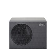 LG Air to Water Heat Pumps  HM123MRS UB40, top-front view of a black outdoor unit featuring a grey wavy grille.