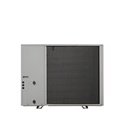 LG Air to Water Heat Pumps  HM141MRS UB40, back view of a black outdoor unit featuring a grey wavy grille.