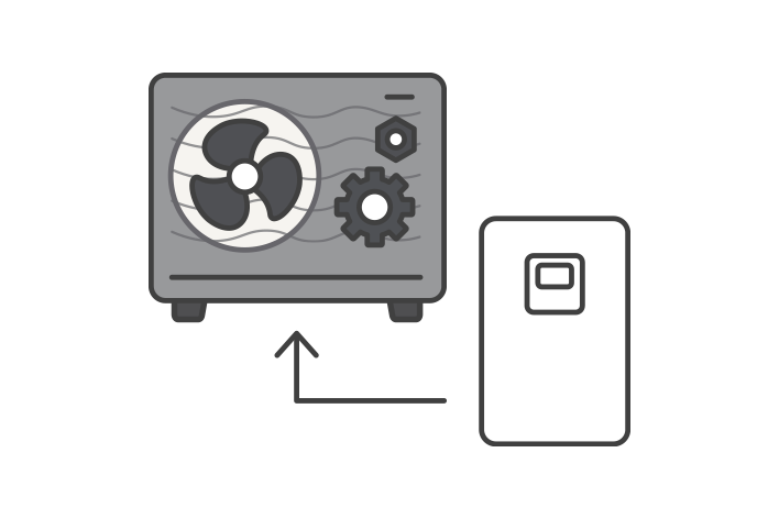 Een pictogram dat Monobloc met een zwarte buitenkant toont, met een pijl verbonden met componenten. Dit representeert eenvoudige installatie en ruimtebesparing.