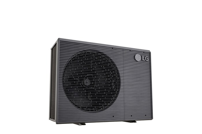 LG lucht naar water warmtepompen HM141MRS UB40, aanzicht zijde linksonder van een zwarte buiteneenheid met een grijs golvend rooster.