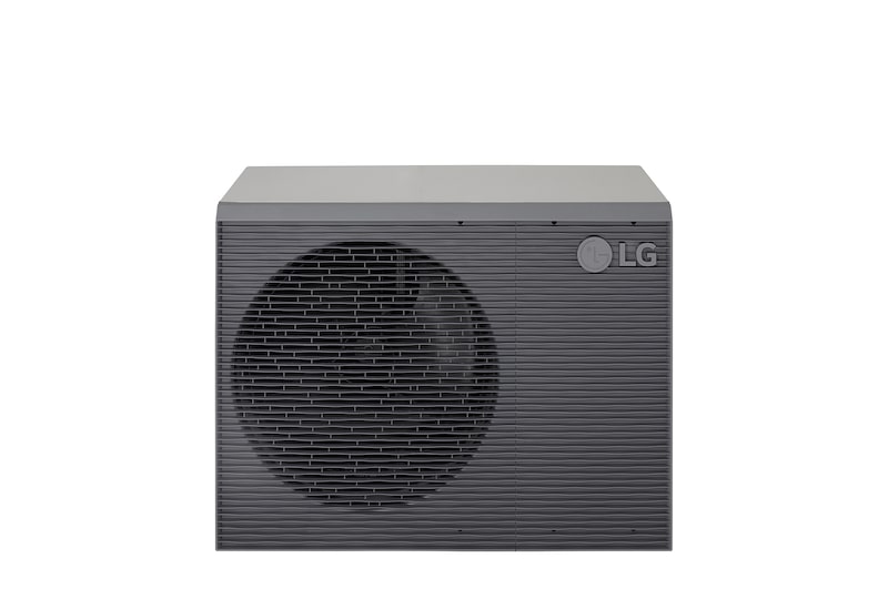 LG lucht naar water warmtepompen HM141MRS UB40, boven-vooraanzicht van een zwarte buiteneenheid met een grijs golvend rooster.