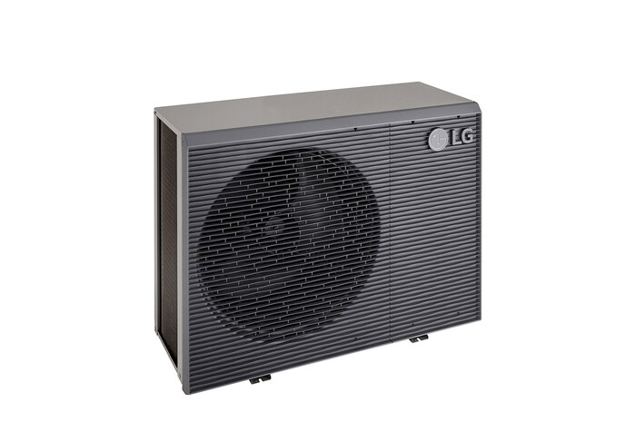 LG lucht naar water warmtepompen HM141MRS UB40, aanzicht linksboven van een zwarte buiteneenheid met een grijs golvend rooster.