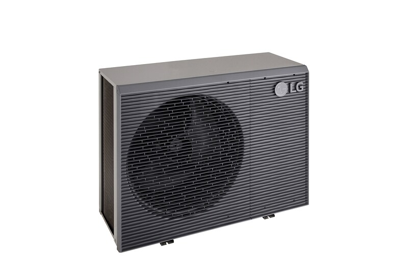 LG lucht naar water warmtepompen HM141MRS UB40, aanzicht linksboven van een zwarte buiteneenheid met een grijs golvend rooster.