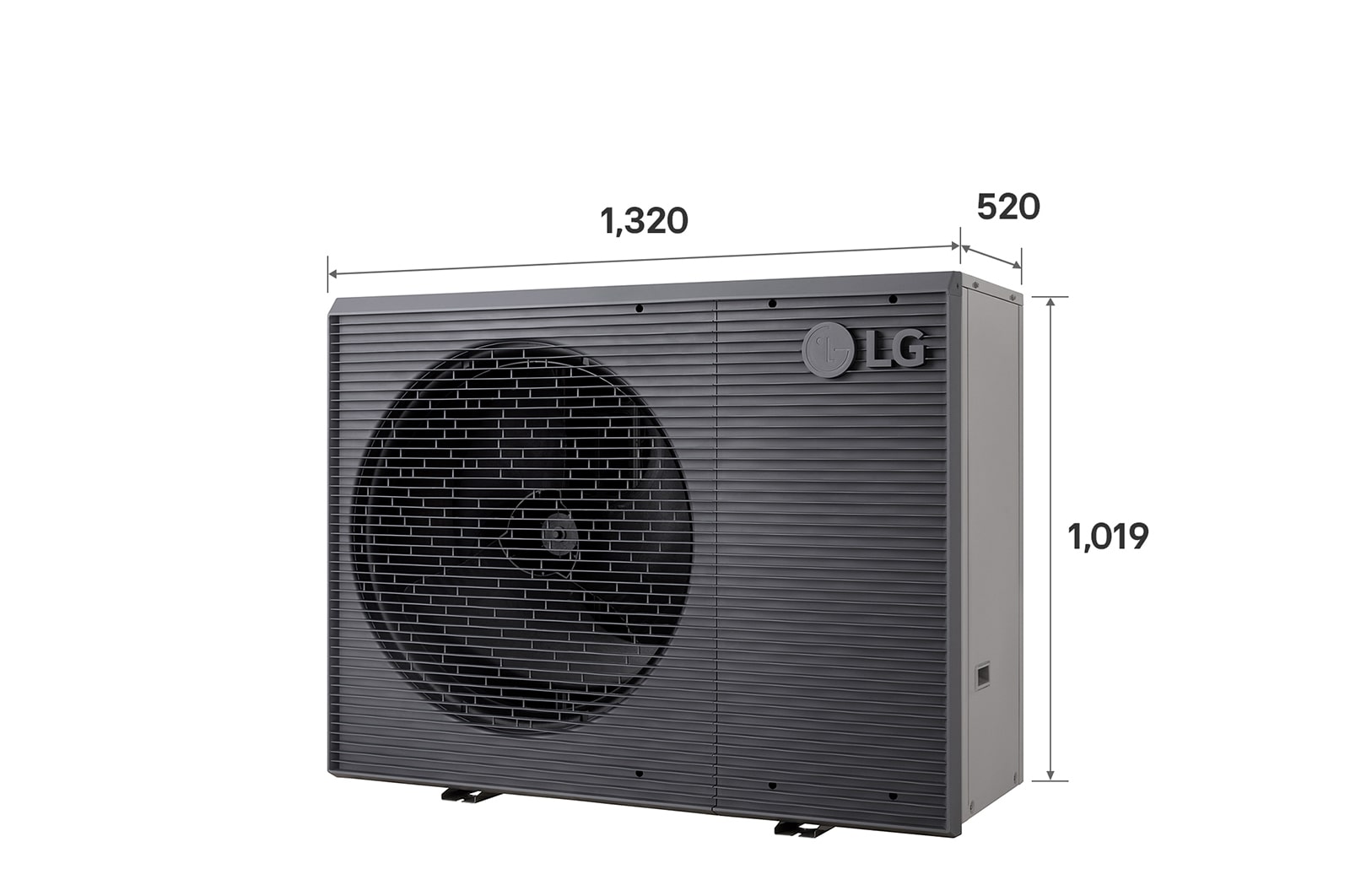 LG lucht naar water warmtepompen HM141MRS UB40, met gelabelde afmetingen, zwarte buiteneenheid met een grijs golvend rooster.