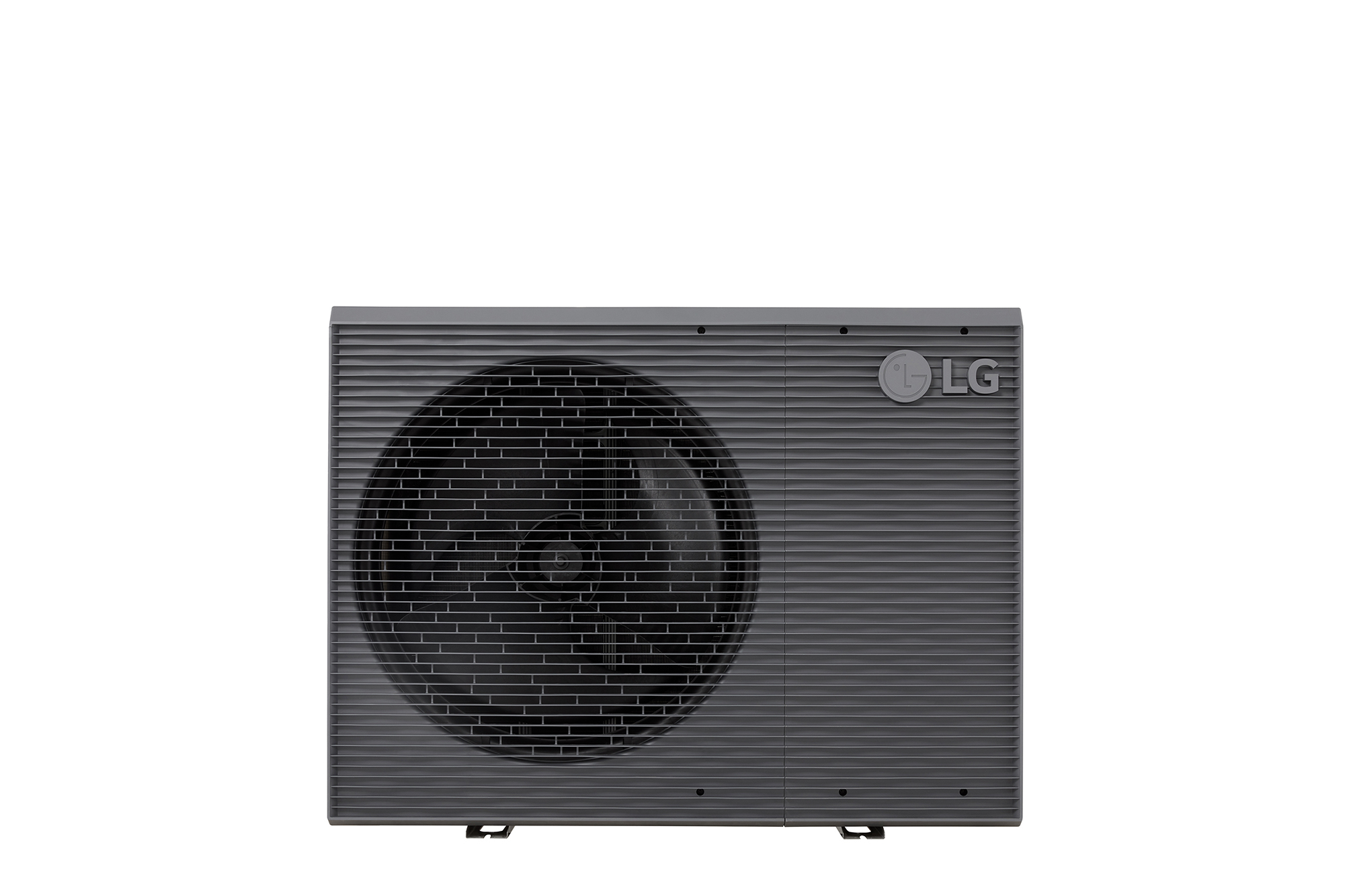 LG Air to Water Heat Pumps HM143MRS UB40, front view of a black outdoor unit featuring a grey wavy grille.