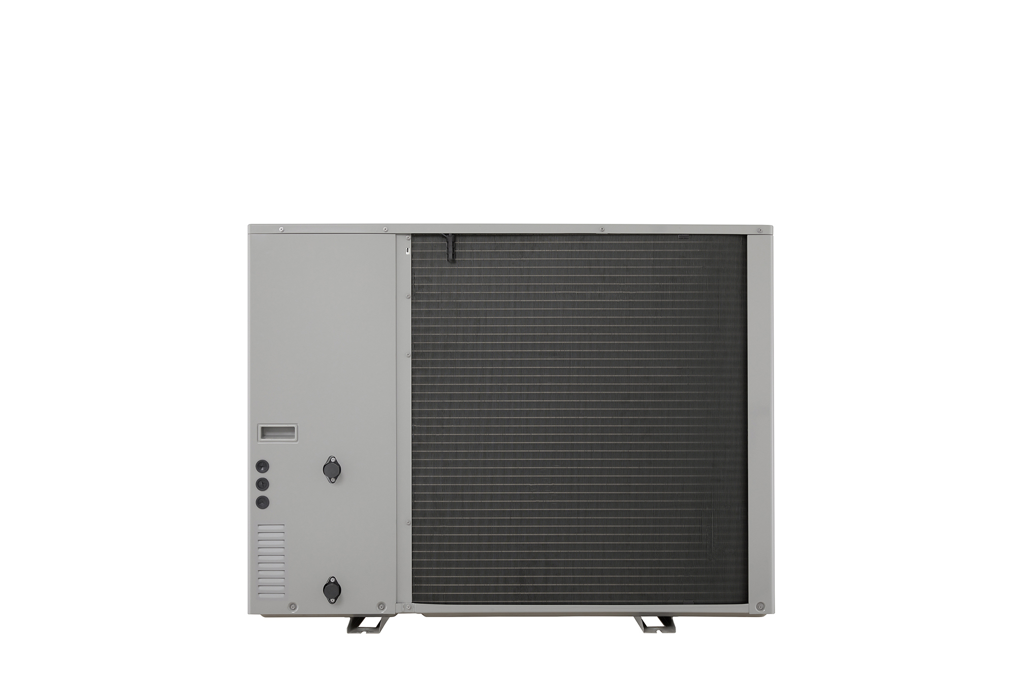 LG Air to Water Heat Pumps HM143MRS UB40, back view of a black outdoor unit featuring a grey wavy grille.