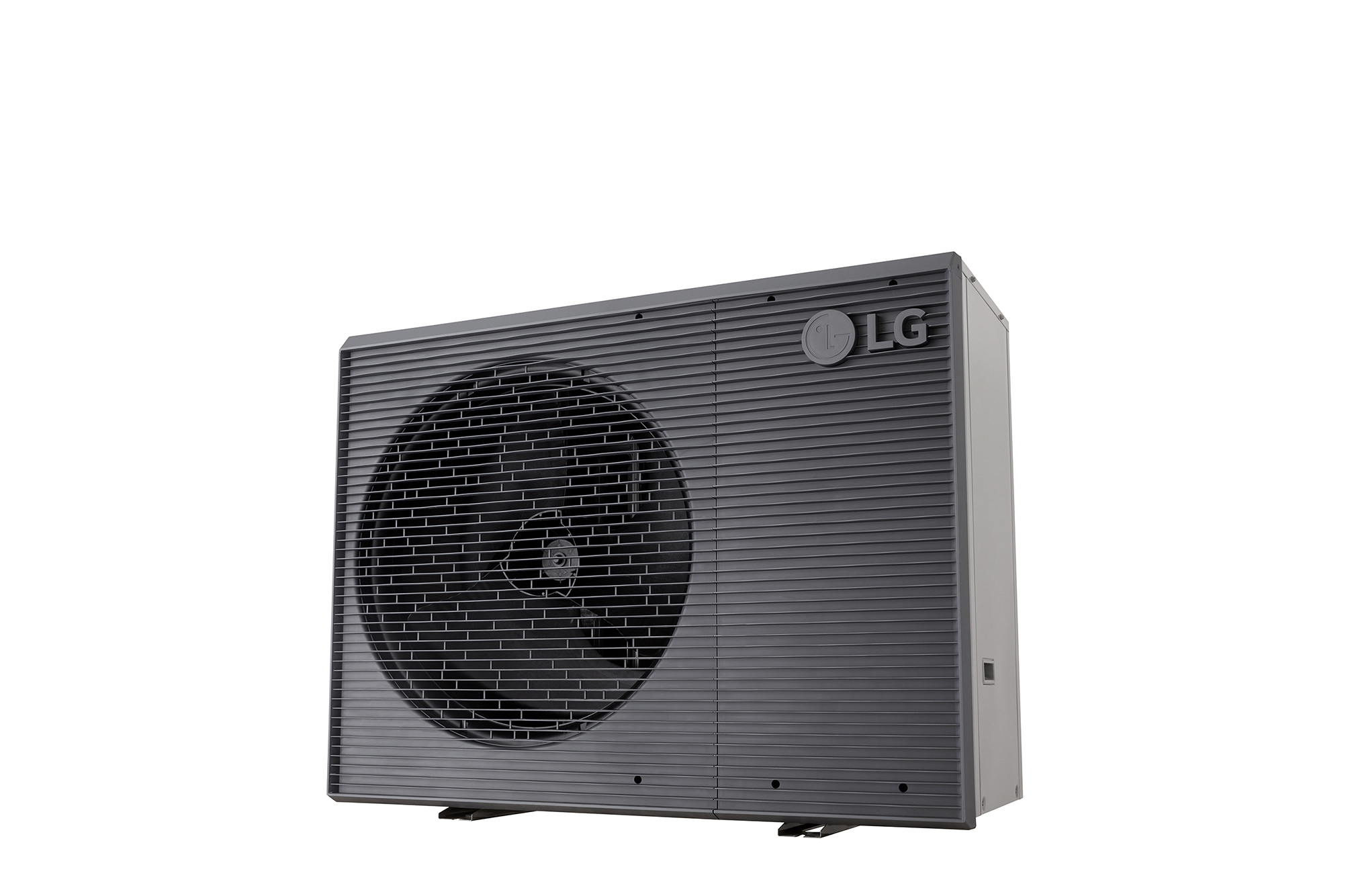 LG Air to Water Heat Pumps HM143MRS UB40, bottom-right view of a black outdoor unit featuring a grey wavy grille.