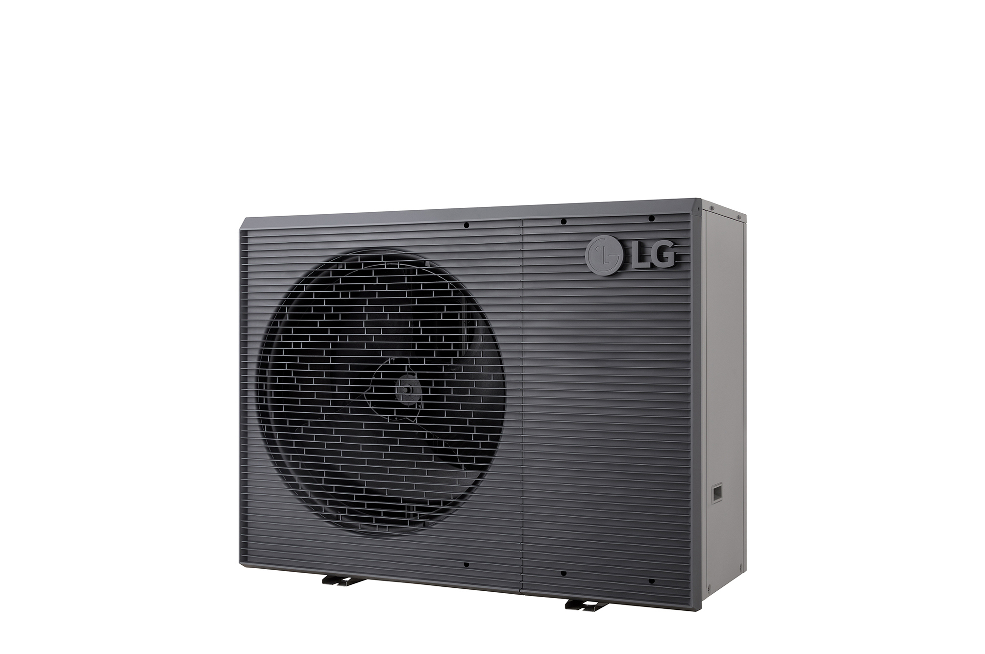 LG Air to Water Heat Pumps HM143MRS UB40, right angle view of a black outdoor unit featuring a grey wavy grille.
