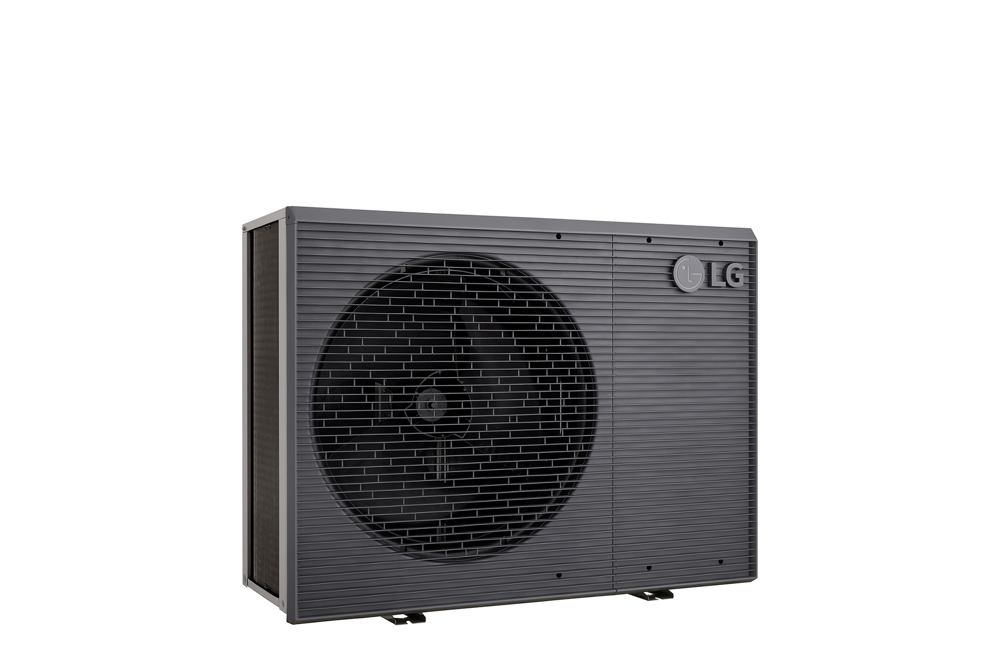 LG Air to Water Heat Pumps HM143MRS UB40, left angle view of a black outdoor unit featuring a grey wavy grille.