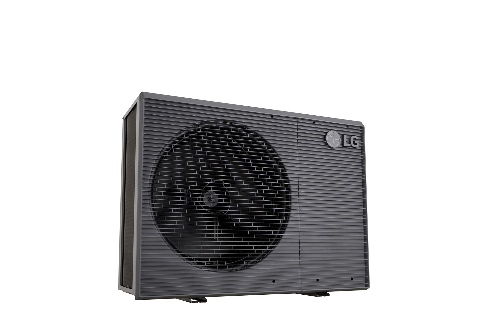 LG Air to Water Heat Pumps HM143MRS UB40, bottom-left side view of a black outdoor unit featuring a grey wavy grille.