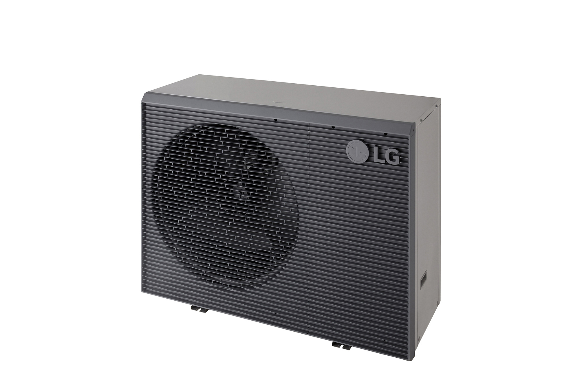 LG Air to Water Heat Pumps HM143MRS UB40, top-right view of a black outdoor unit featuring a grey wavy grille.