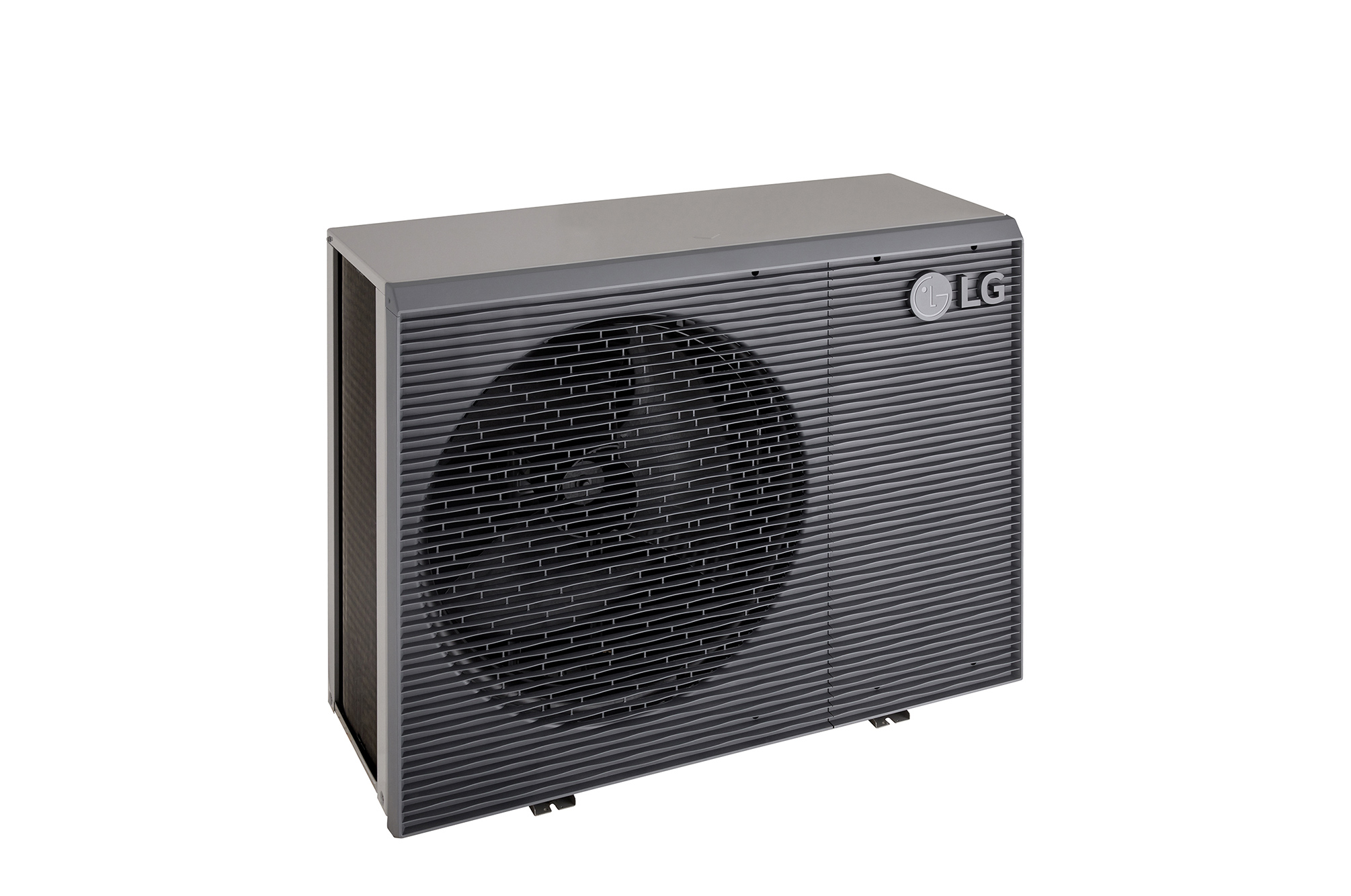 LG Air to Water Heat Pumps HM143MRS UB40, top-left view of a black outdoor unit featuring a grey wavy grille.