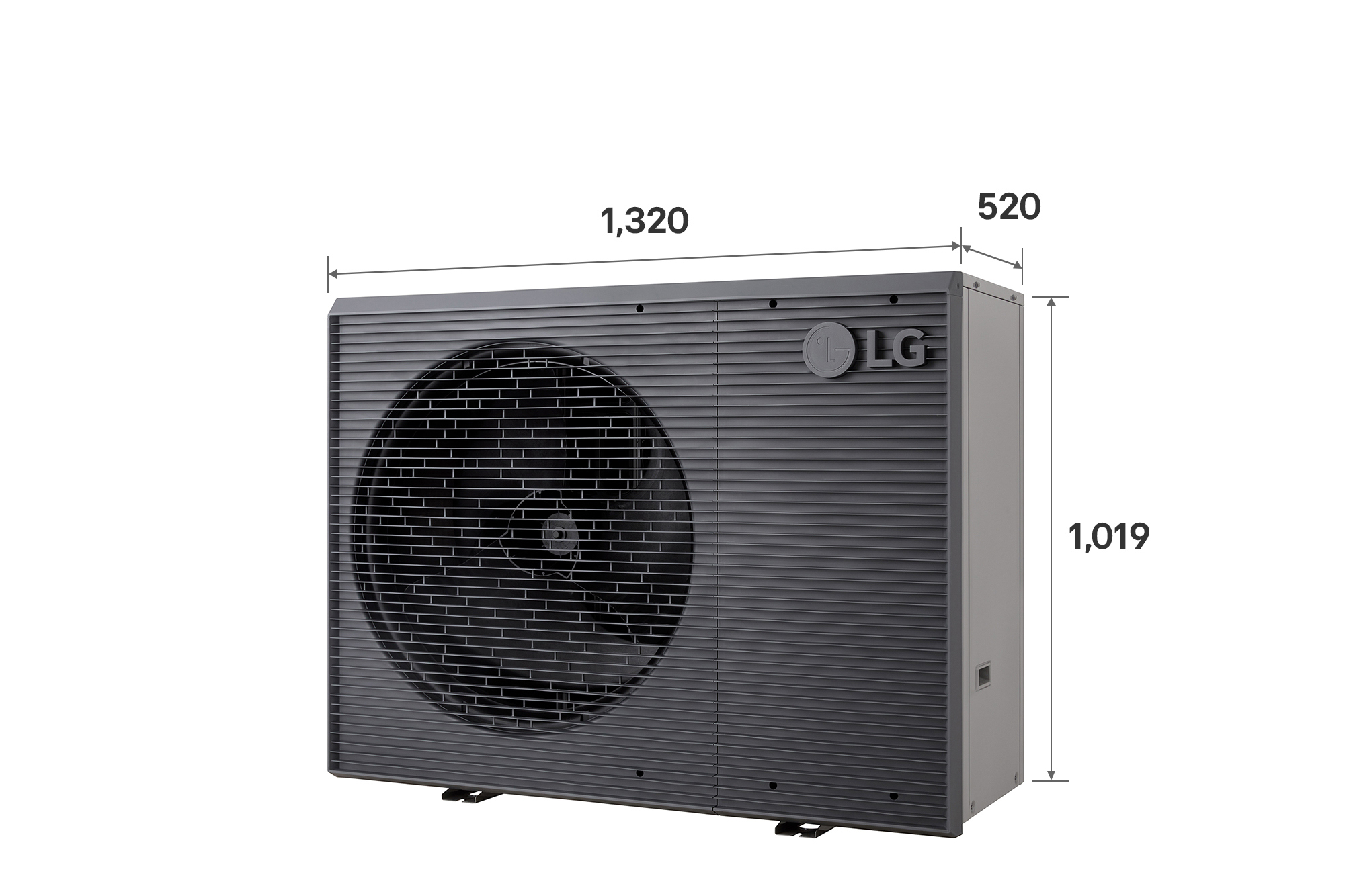 LG Air to Water Heat Pumps HM143MRS UB40, with dimensions labeled, black outdoor unit featuring a grey wavy grille.