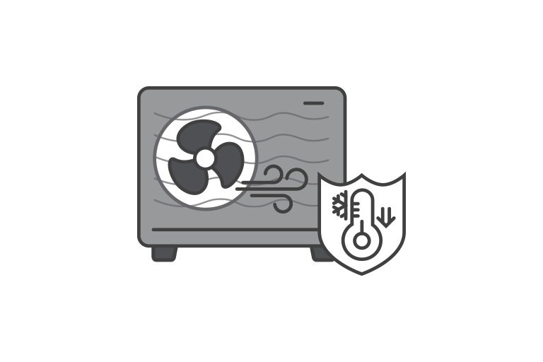 An icon showing a black exterior Monobloc with a low-temperature thermometer icon in the bottom right. It indicates good performance even in low temperatures.