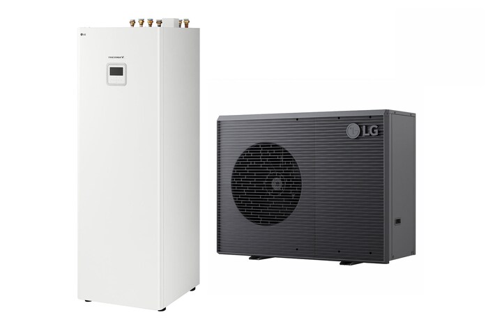 LG lucht naar water warmtepomp THERMA V, buiteneenheid met een zwarte kleur met grijs golvend rooster
