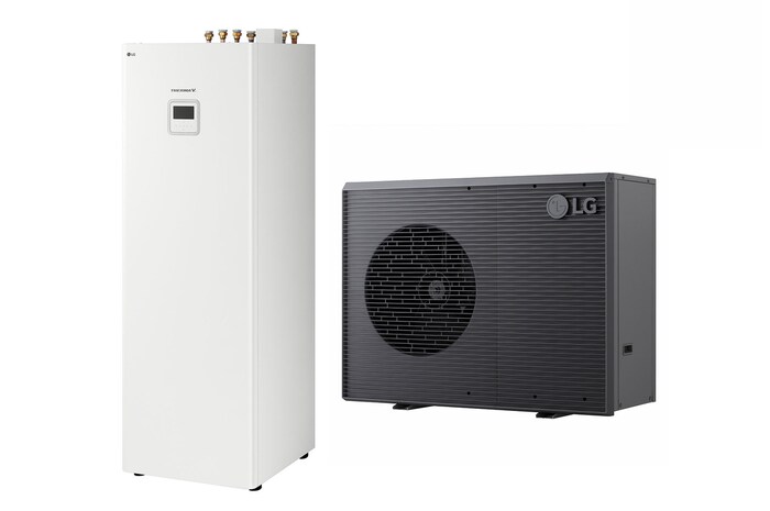 LG lucht naar water warmtepomp THERMA V, buiteneenheid met een zwarte kleur met grijs golvend rooster