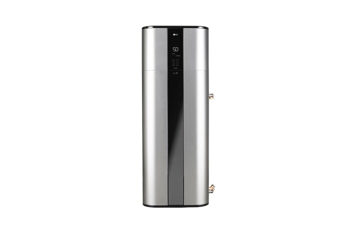 Vooraanzicht van de LG warmtepompboiler WH20STR.FA in luxe zilver met een Floor Standing-ontwerp.