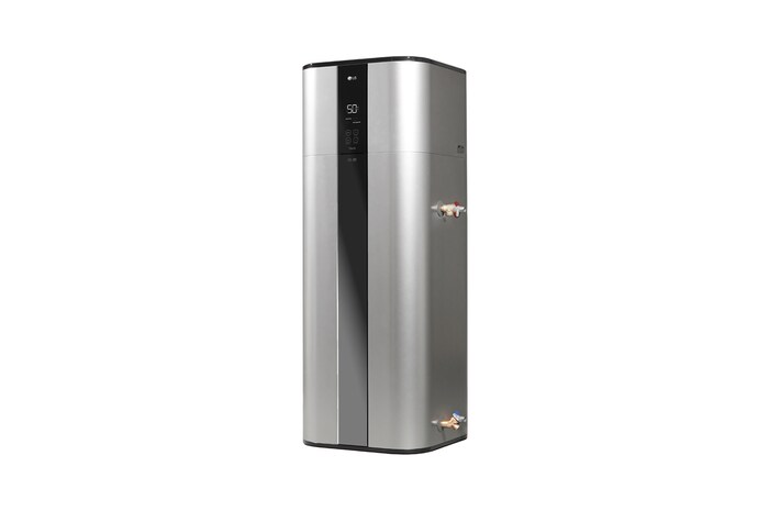 Bovenaanzicht van de LG warmtepompboiler WH20STR.FA in luxe zilver met een Floor Standing-ontwerp.