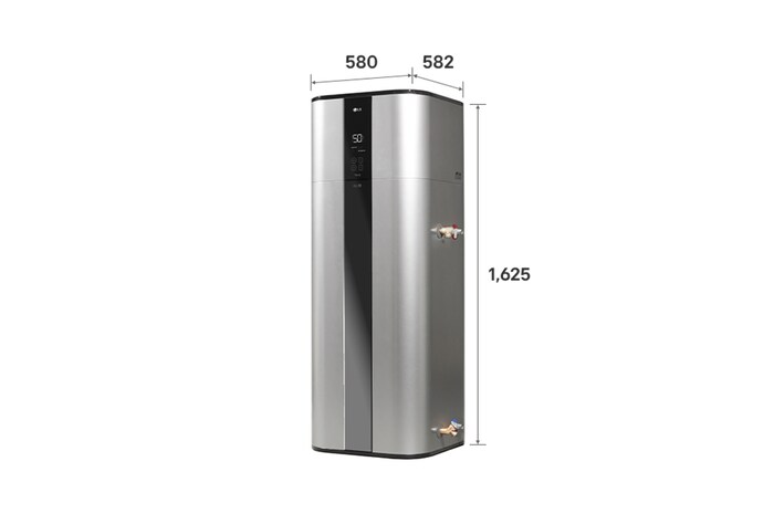 Bovenaanzicht van de LG warmtepompboiler WH20STR.FA in luxe zilver met een Floor Standing-ontwerp.