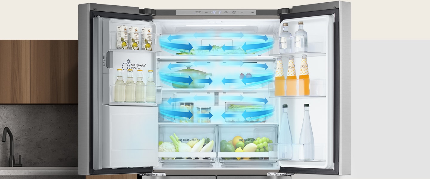 In de koelkast gevuld met ingrediënten staan aan de onderkant, aan beide kanten, blauwe pijlen die koud betekenen.