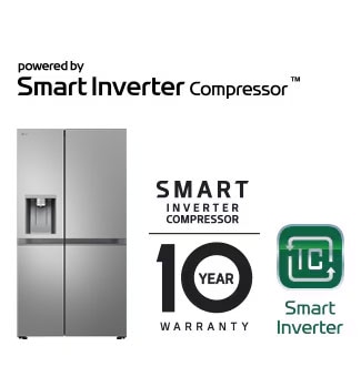 Afbeelding van product met de logo’s Smart Inverter Compressor™ en 10 jaar garantie.