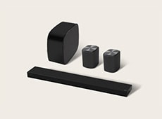 LG Immersive Suite 5, een thuisstereo-audiosysteem met een Sound Suite soundbar, twee luidsprekers en een woofer