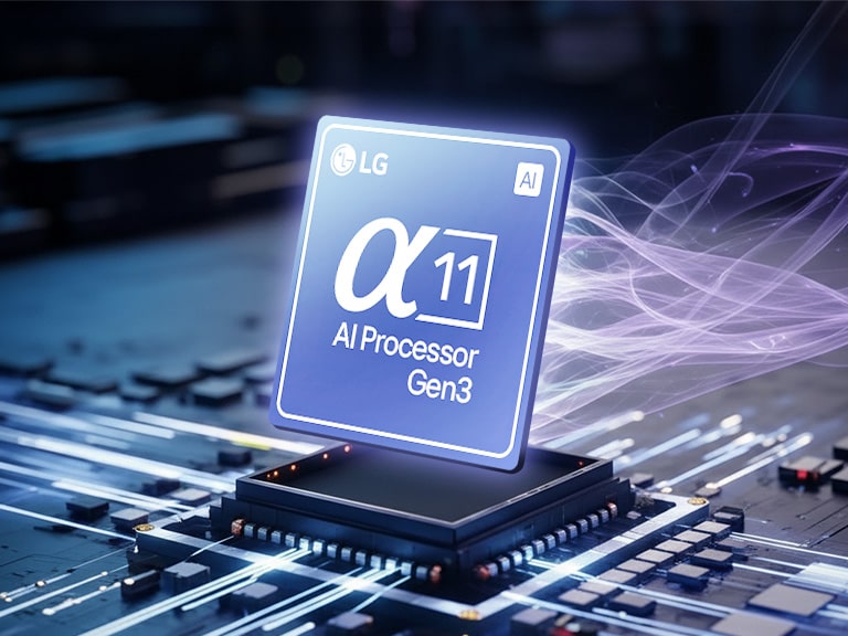 Close-up van LG Alpha 11 AI Processor Gen3 die gloeit, wat geavanceerde AI-geluidsverwerking vertegenwoordigt