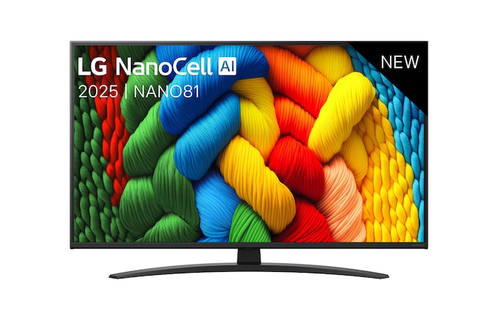 Vooraanzicht van NanoCell TV, LG NanoCell Al Logo in de bovenhoek. LG NanoCell NANO80 TV brengt kleurrijke, schilderachtige texturen bij elkaar.