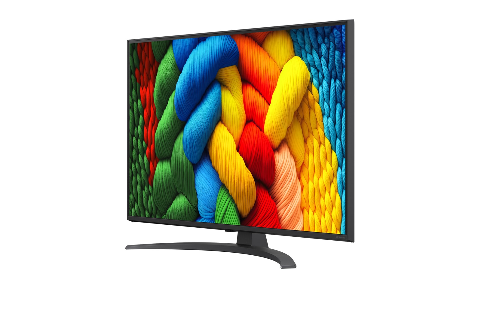 Vooraanzicht en zijaanzicht van LG NanoCell NANO80 AI 4K Smart TV die de lengte-, breedte-, hoogte- en diepteafmetingen weergeven.