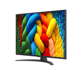 Vooraanzicht en zijaanzicht van LG NanoCell NANO80 AI 4K Smart TV die de lengte-, breedte-, hoogte- en diepteafmetingen weergeven.