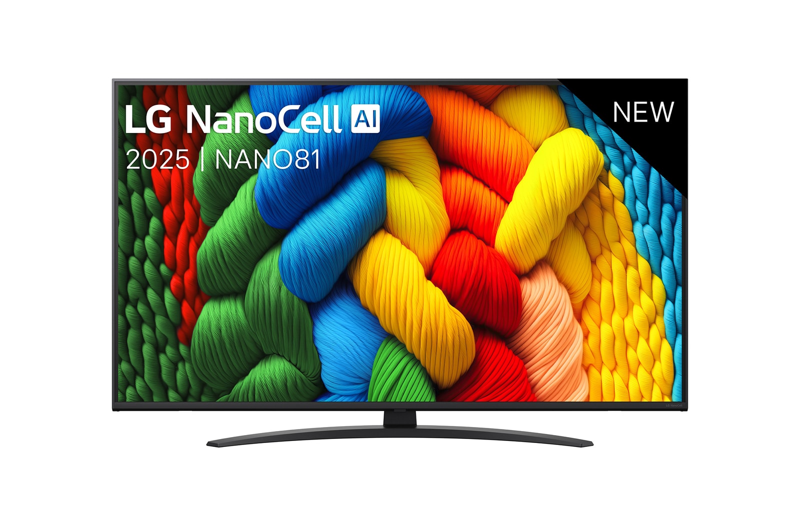 Vooraanzicht van NanoCell TV, LG NanoCell Al Logo in de bovenhoek. LG NanoCell NANO80 TV brengt kleurrijke, schilderachtige texturen bij elkaar.