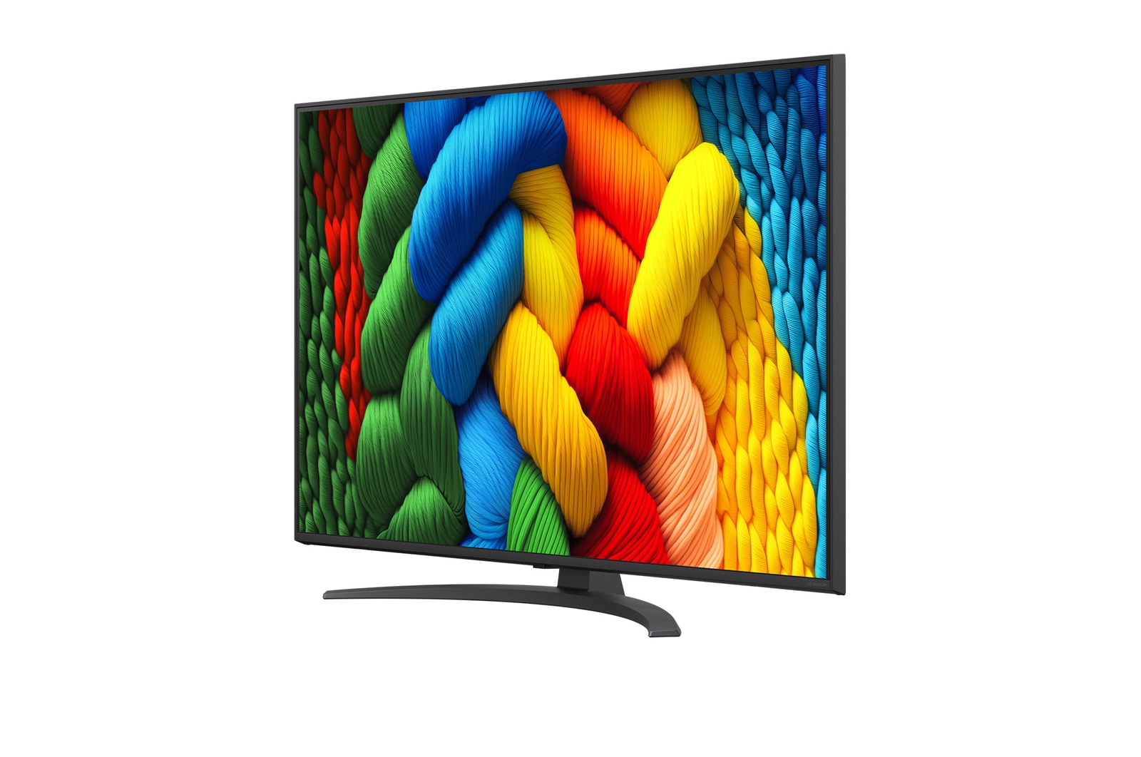 Vooraanzicht en zijaanzicht van LG NanoCell NANO80 AI 4K Smart TV die de lengte-, breedte-, hoogte- en diepteafmetingen weergeven.