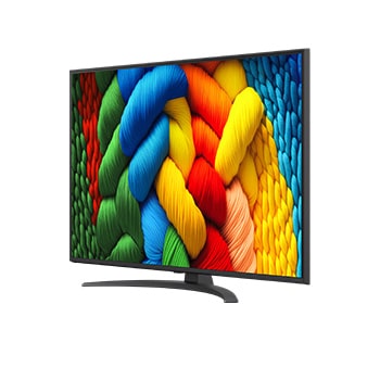 Vooraanzicht en zijaanzicht van LG NanoCell NANO80 AI 4K Smart TV die de lengte-, breedte-, hoogte- en diepteafmetingen weergeven.