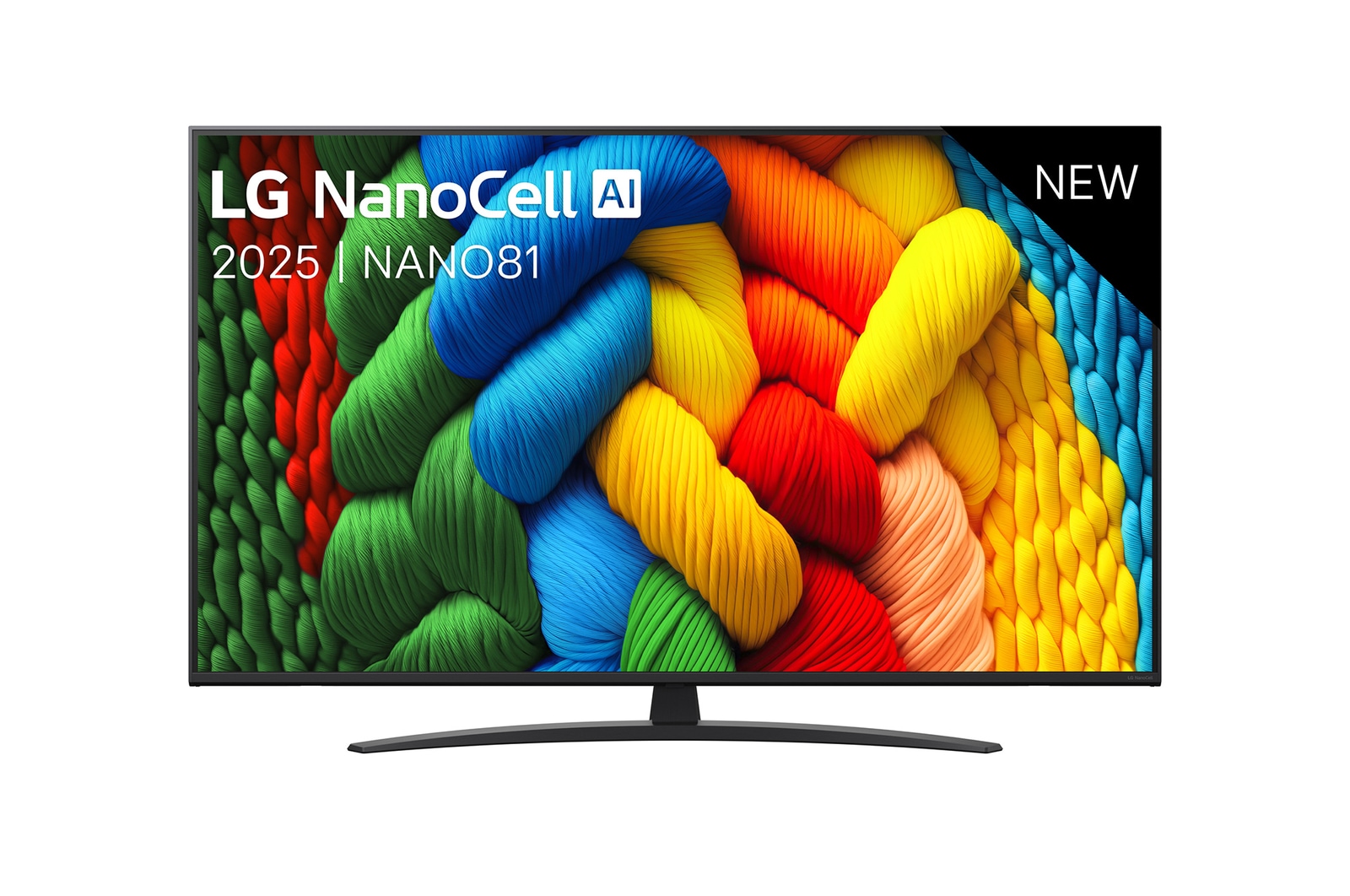 Vooraanzicht van NanoCell TV, LG NanoCell Al Logo in de bovenhoek. LG NanoCell NANO80 TV brengt kleurrijke, schilderachtige texturen bij elkaar.