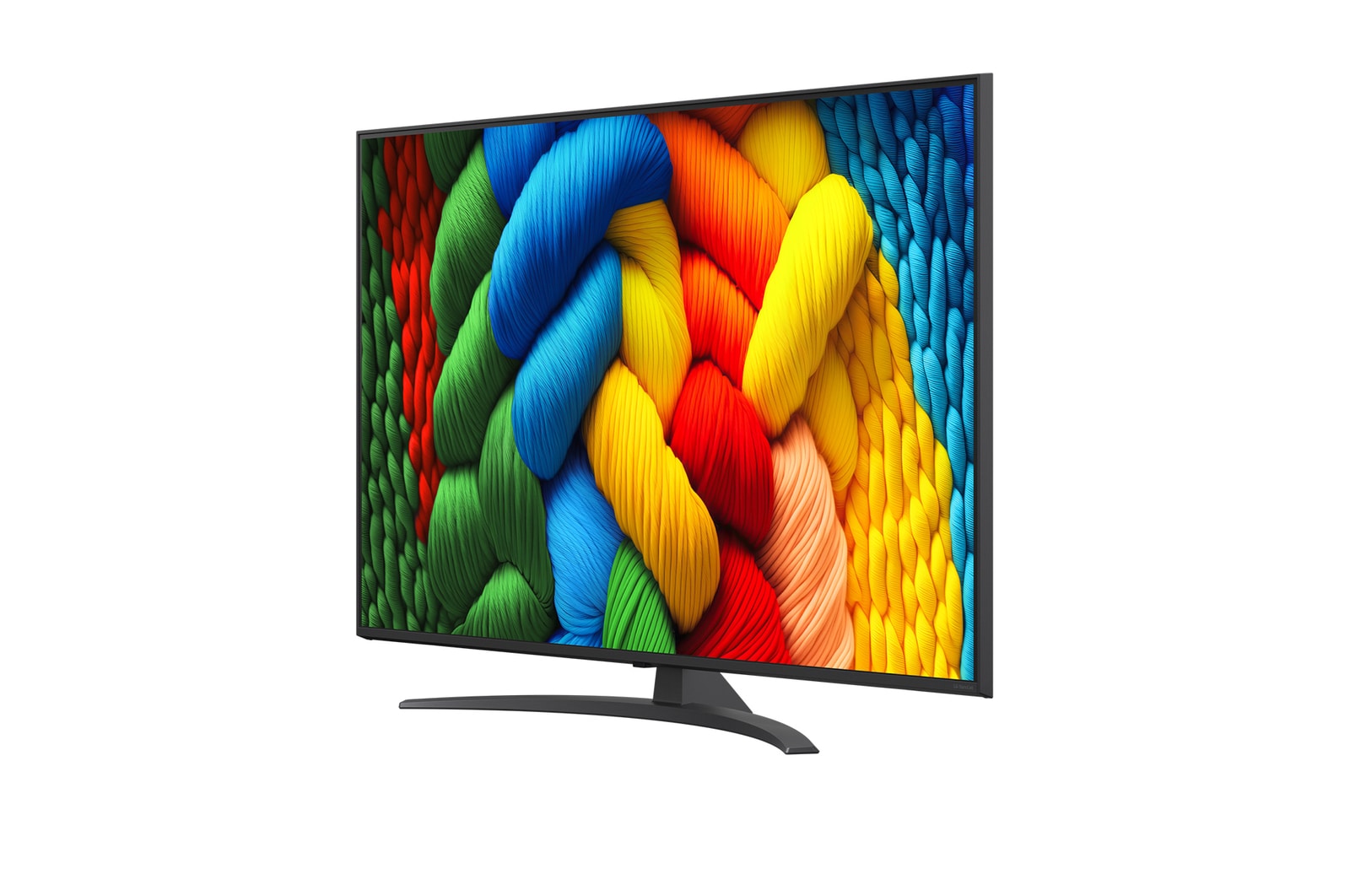 Vooraanzicht en zijaanzicht van LG NanoCell NANO80 AI 4K Smart TV die de lengte-, breedte-, hoogte- en diepteafmetingen weergeven.