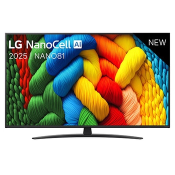 Vooraanzicht van NanoCell TV, LG NanoCell Al Logo in de bovenhoek. LG NanoCell NANO80 TV brengt kleurrijke, schilderachtige texturen bij elkaar.
