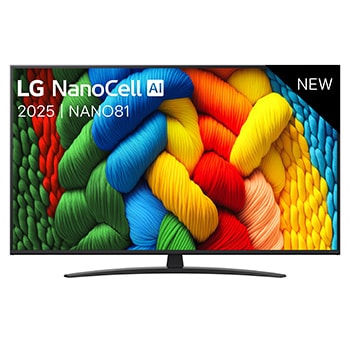 Vooraanzicht van NanoCell TV, LG NanoCell Al Logo in de bovenhoek. LG NanoCell NANO80 TV brengt kleurrijke, schilderachtige texturen bij elkaar.