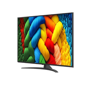Vooraanzicht en zijaanzicht van LG NanoCell NANO80 AI 4K Smart TV die de lengte-, breedte-, hoogte- en diepteafmetingen weergeven.