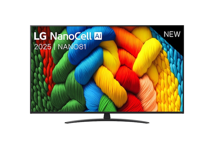 Vooraanzicht van NanoCell TV, LG NanoCell Al Logo in de bovenhoek. LG NanoCell NANO80 TV brengt kleurrijke, schilderachtige texturen bij elkaar.