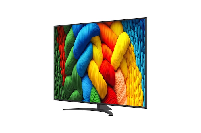 Vooraanzicht en zijaanzicht van LG NanoCell NANO80 AI 4K Smart TV die de lengte-, breedte-, hoogte- en diepteafmetingen weergeven.