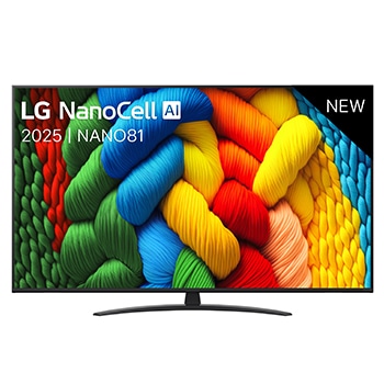 Vooraanzicht van NanoCell TV, LG NanoCell Al Logo in de bovenhoek. LG NanoCell NANO80 TV brengt kleurrijke, schilderachtige texturen bij elkaar.