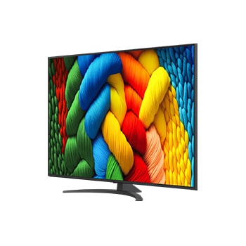 Vooraanzicht en zijaanzicht van LG NanoCell NANO80 AI 4K Smart TV die de lengte-, breedte-, hoogte- en diepteafmetingen weergeven.